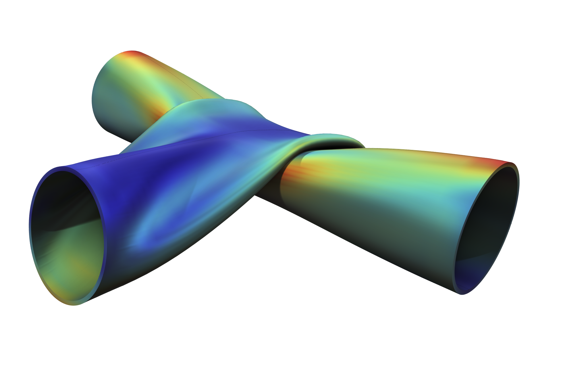 En strukturanalys visualiserar spänningen och deformationen av två metallrör i mekanisk kontakt.