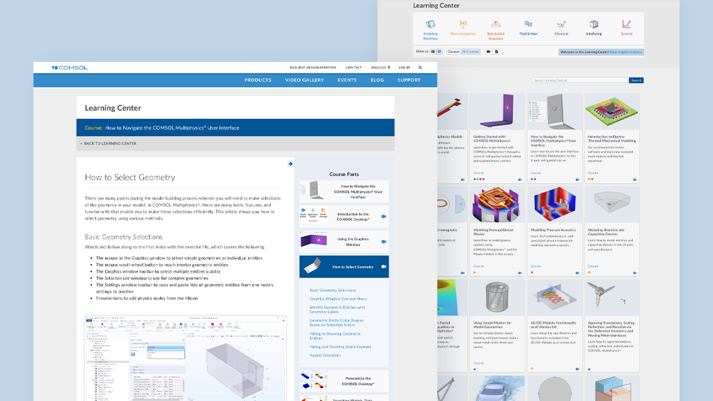 Due schermate del Learning Center dal sito web COMSOL