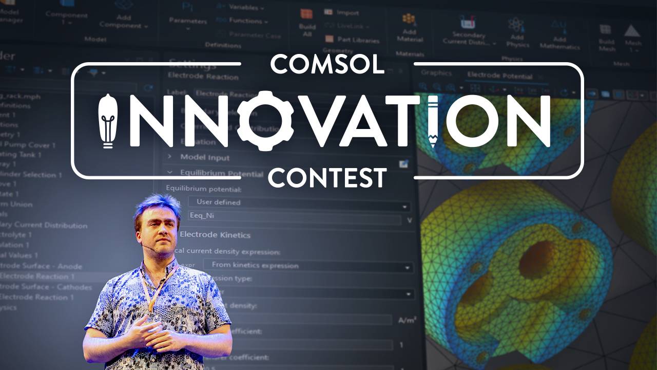 The COMSOL Innovation Contest logo on top of an image of a speaker presenting on the main stage at the COMSOL Conference 2025.