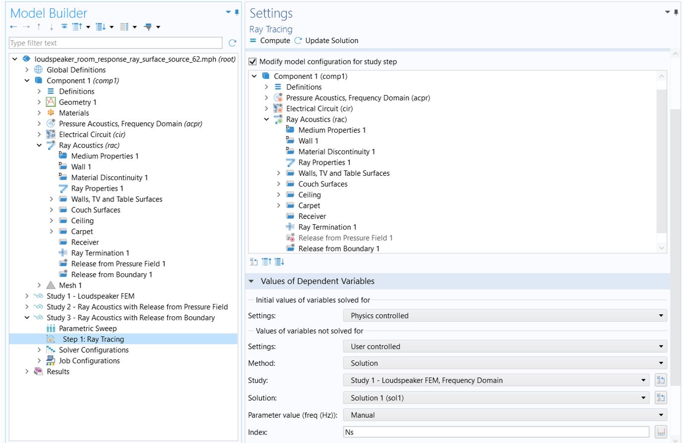 The ray tracing study settings window used for the release from boundary feature.