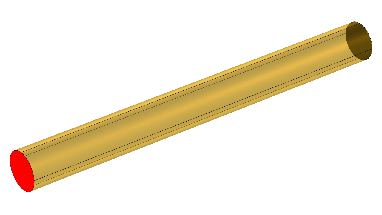 A yellow cylinder with a red circular face on one end.