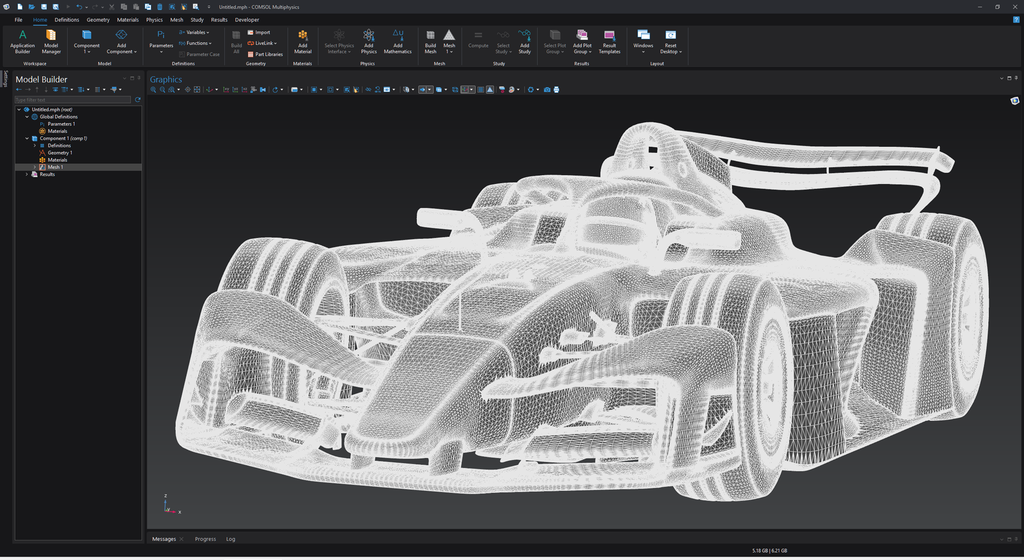 Die Benutzeroberfläche von COMSOL Multiphysics zeigt den Model Builder mit ausgewähltem Knoten Mesh 1 und einem Netz des GEN4-Formel-E-Rennwagens im Grafikfenster.