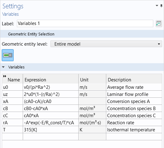 The Variables Settings windows showing the variable names, expressions, units, and descriptions.