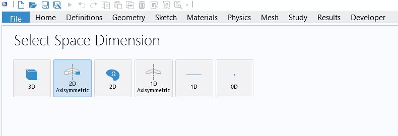 The Select Space Dimension window with 2D Axisymmetric highlighted.