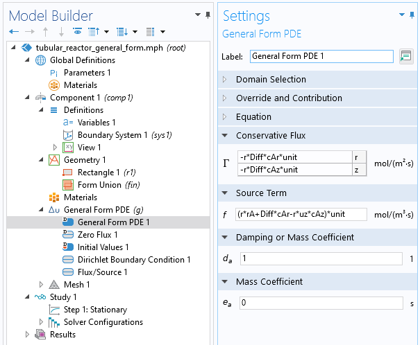 The COMSOL Multiphysics UI showing the Model Builder with General Form PDE selected and the corresponding Settings window.