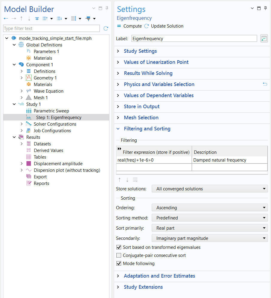 Model Builder tree highlighting the Eigfrequency study step settings window.
