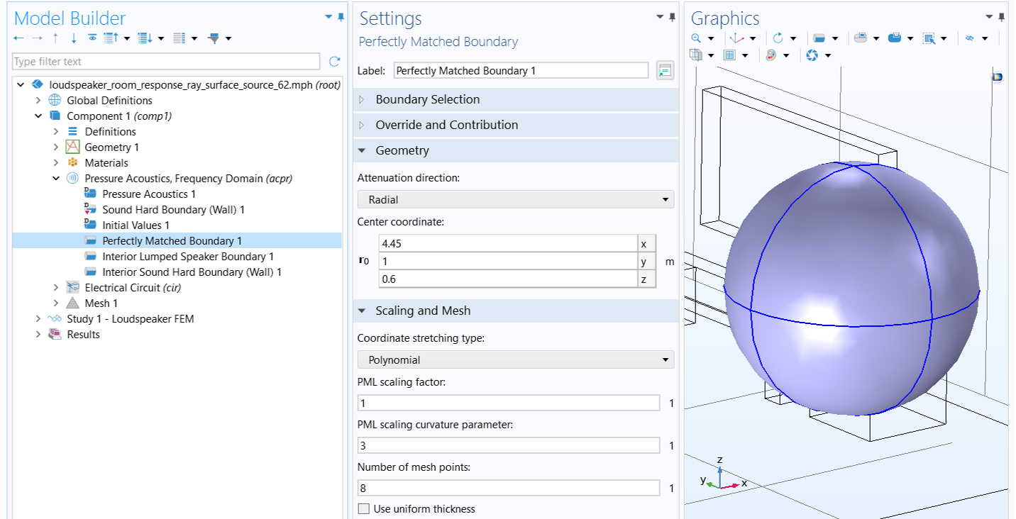 The settings window for Perfectly Matched Boundary 1 and the blue sphere in the graphics window.